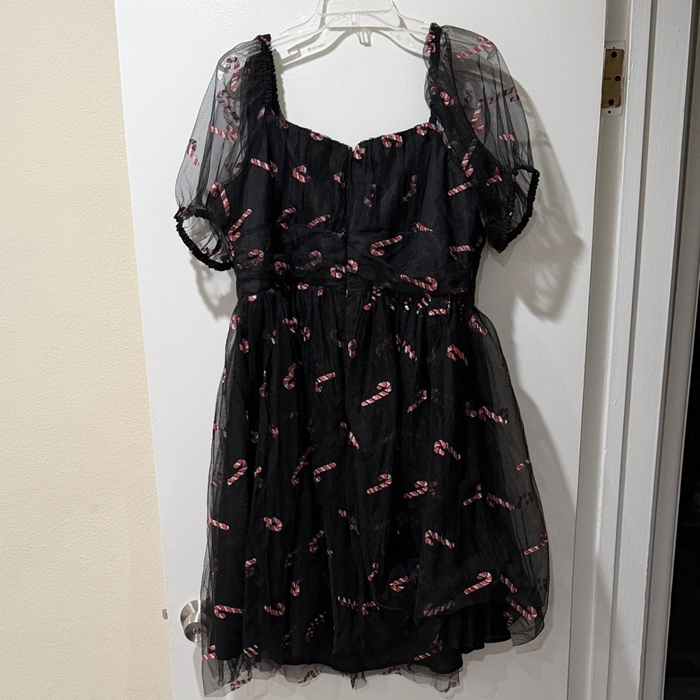 Unique Vintage Black Tulle Mini Dress with Candy Cane Print - Picture 7 of 9